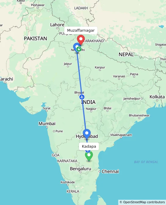 Route map showing distance and travel time from Kadapa, India to Muzaffarnagar, India