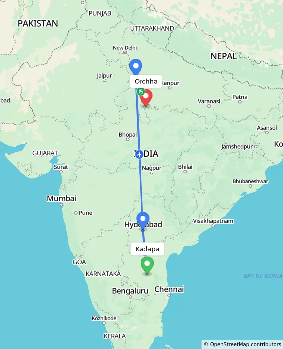 Route map showing distance and travel time from Kadapa, India to Orchha, India