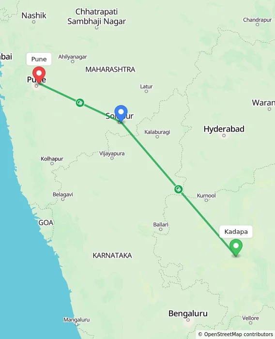 Route map showing distance and travel time from Kadapa, India to Pune, India
