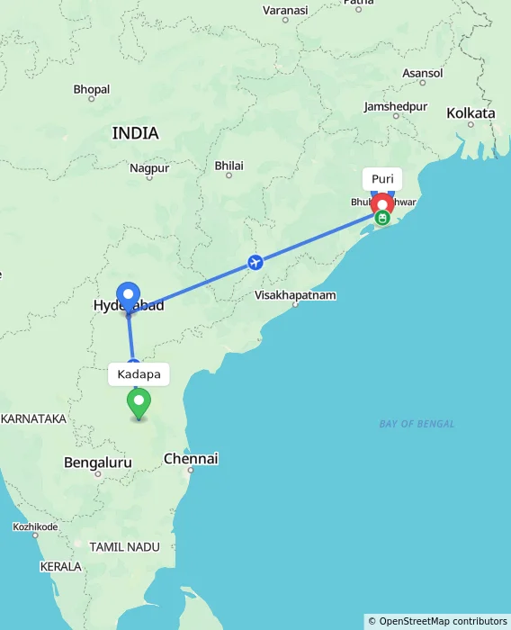 Route map showing distance and travel time from Kadapa, India to Puri, India