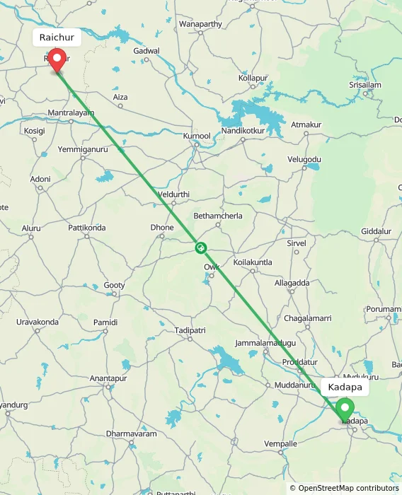 Route map showing distance and travel time from Kadapa, India to Raichur, India