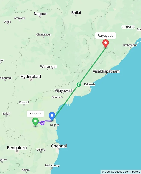 Route map showing distance and travel time from Kadapa, India to Rayagada, India