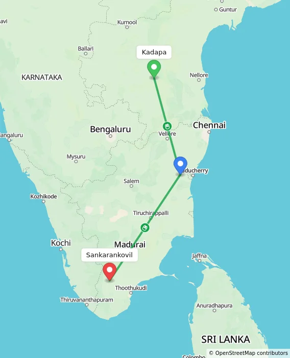 Route map showing distance and travel time from Kadapa, India to Sankarankovil, India