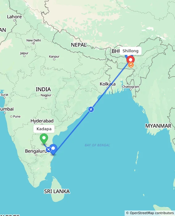 Route map showing distance and travel time from Kadapa, India to Shillong, India