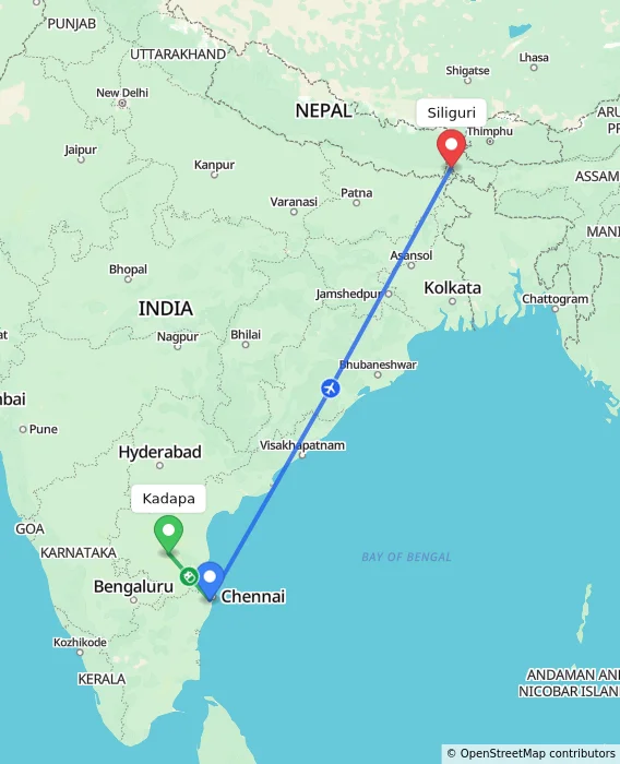 Route map showing distance and travel time from Kadapa, India to Siliguri, India