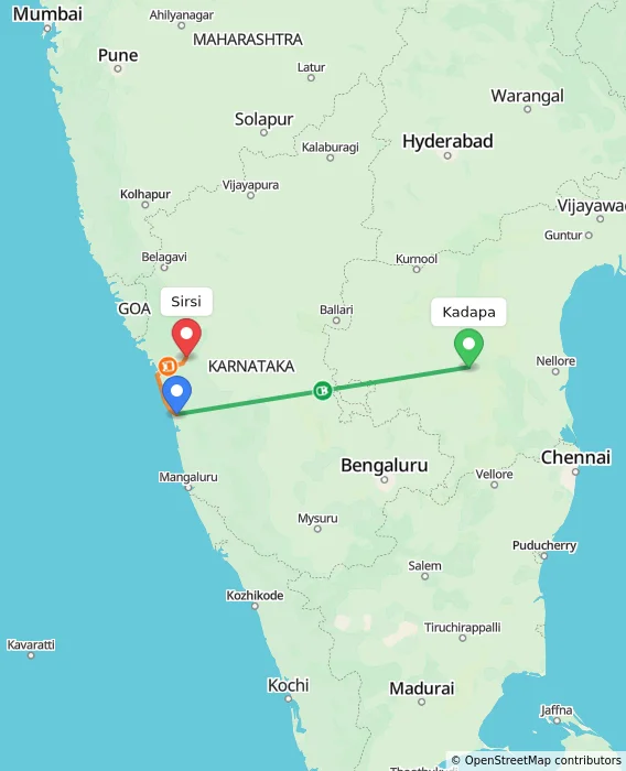 Route map showing distance and travel time from Kadapa, India to Sirsi, India
