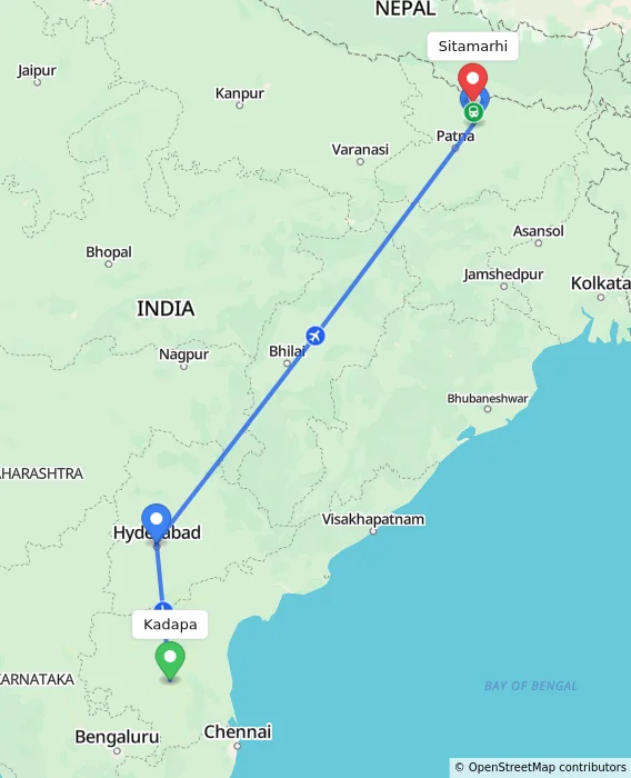 Route map showing distance and travel time from Kadapa, India to Sitamarhi, India