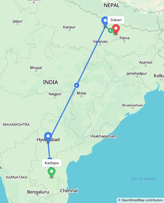Route map showing distance and travel time from Kadapa, India to Siwan, India