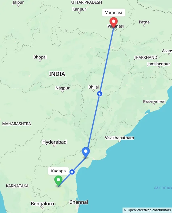 Route map showing distance and travel time from Kadapa, India to Varanasi, India