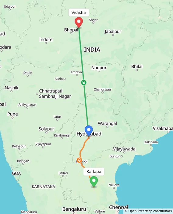 Route map showing distance and travel time from Kadapa, India to Vidisha, India