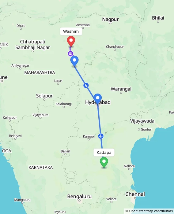 Route map showing distance and travel time from Kadapa, India to Washim, India