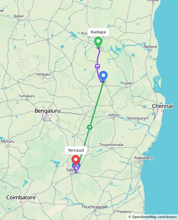 Route map showing distance and travel time from Kadapa, India to Yercaud, India