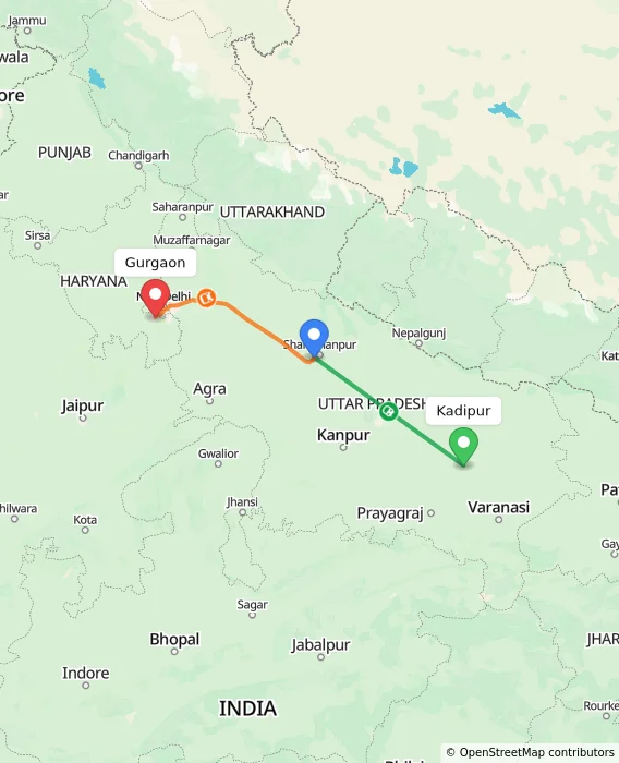 Route map showing distance and travel time from Kadipur, India to Gurgaon, India