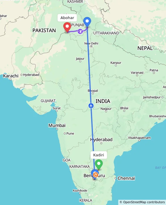Route map showing distance and travel time from Kadiri, India to Abohar, India
