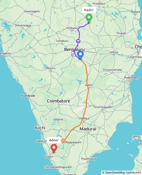 Route map showing distance and travel time from Kadiri, India to Adoor, India