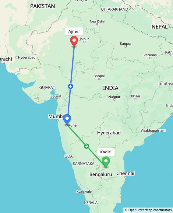 Route map showing distance and travel time from Kadiri, India to Ajmer, India