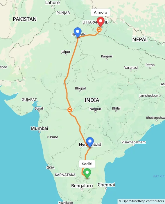 Route map showing distance and travel time from Kadiri, India to Almora, India