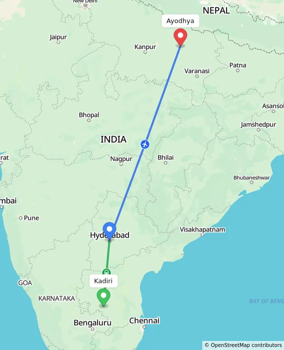 Route map showing distance and travel time from Kadiri, India to Ayodhya, India