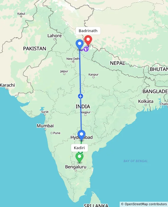 Route map showing distance and travel time from Kadiri, India to Badrinath, India