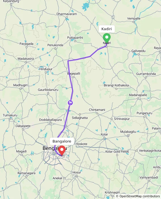 Route map showing distance and travel time from Kadiri, India to Bangalore, India