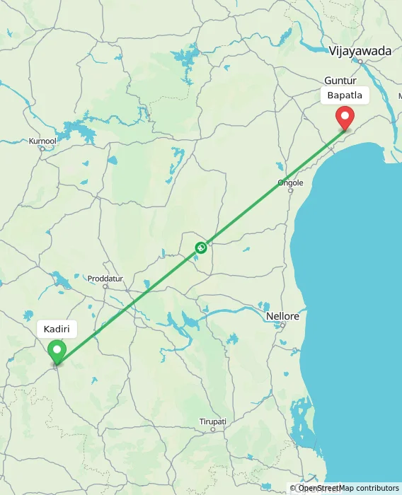 Route map showing distance and travel time from Kadiri, India to Bapatla, India