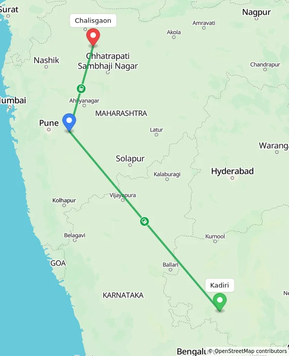 Route map showing distance and travel time from Kadiri, India to Chalisgaon, India