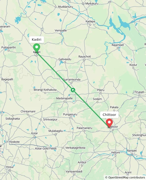Route map showing distance and travel time from Kadiri, India to Chittoor, India