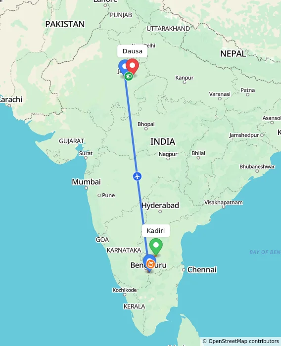 Route map showing distance and travel time from Kadiri, India to Dausa, India