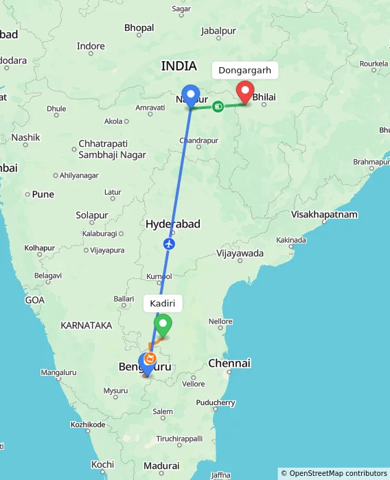 Route map showing distance and travel time from Kadiri, India to Dongargarh, India
