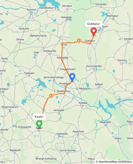 Route map showing distance and travel time from Kadiri, India to Giddalur, India