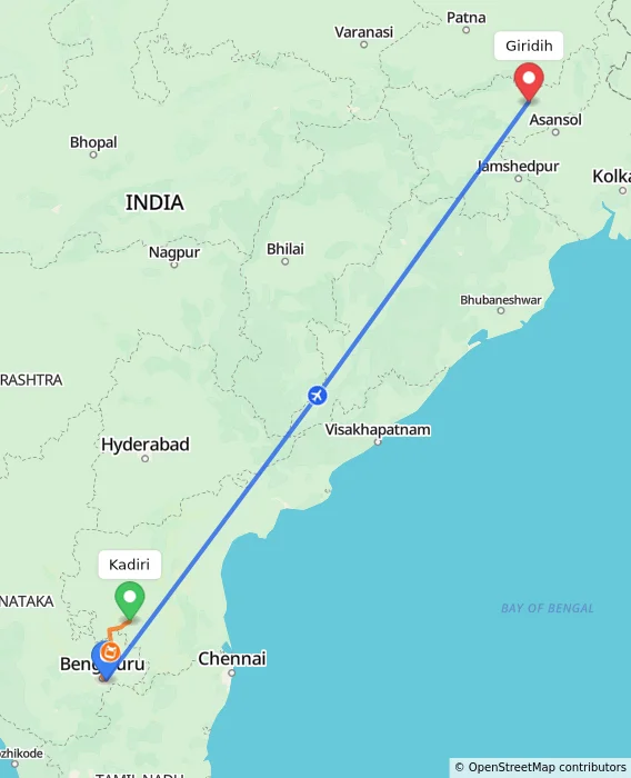 Route map showing distance and travel time from Kadiri, India to Giridih, India