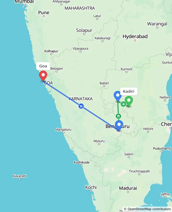 Route map showing distance and travel time from Kadiri, India to Goa, India