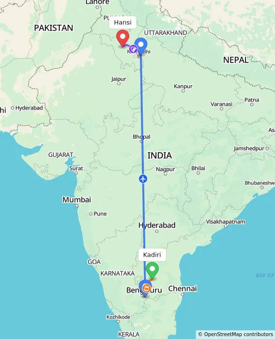 Route map showing distance and travel time from Kadiri, India to Hansi, India