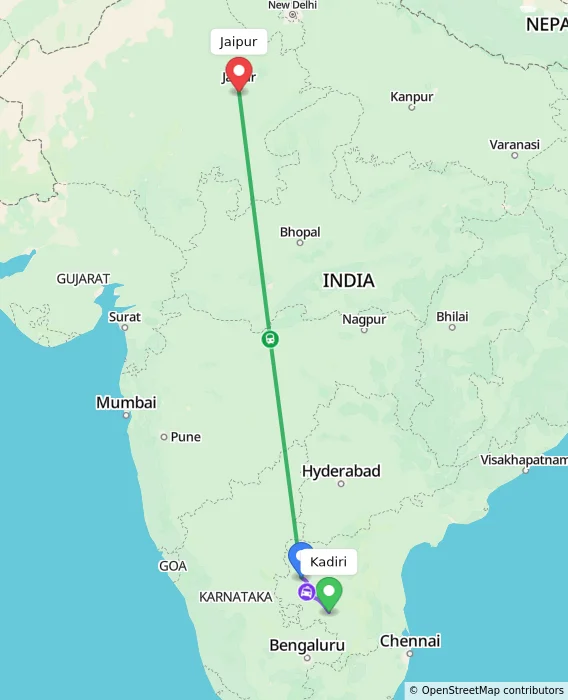 Route map showing distance and travel time from Kadiri, India to Jaipur, India