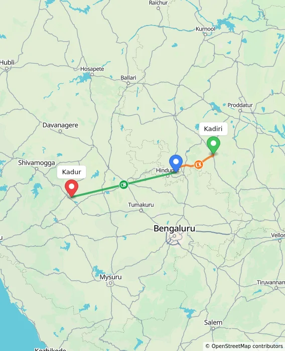 Route map showing distance and travel time from Kadiri, India to Kadur, India