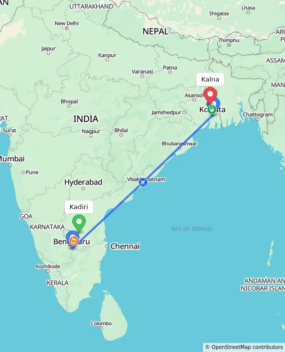 Route map showing distance and travel time from Kadiri, India to Kalna, India