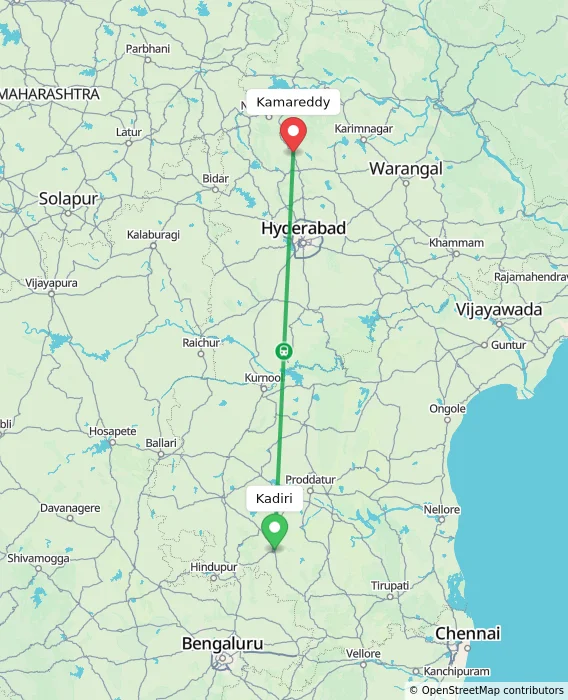 Route map showing distance and travel time from Kadiri, India to Kamareddy, India