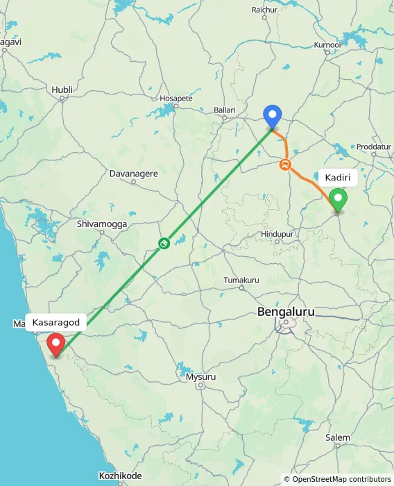 Route map showing distance and travel time from Kadiri, India to Kasaragod, India