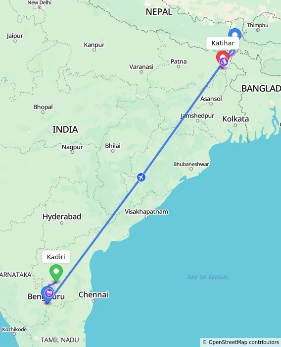 Route map showing distance and travel time from Kadiri, India to Katihar, India