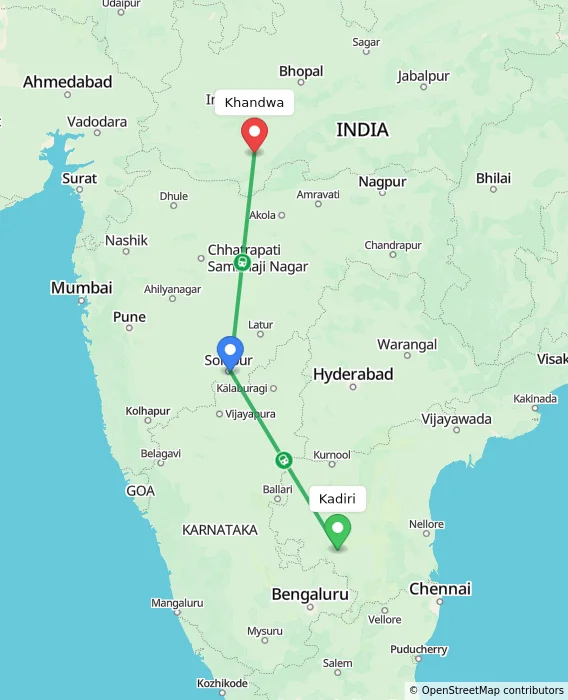 Route map showing distance and travel time from Kadiri, India to Khandwa, India
