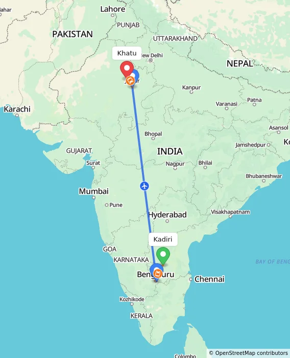 Route map showing distance and travel time from Kadiri, India to Khatu, India