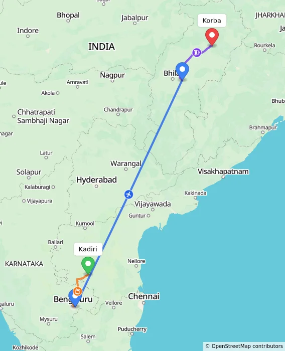 Route map showing distance and travel time from Kadiri, India to Korba, India