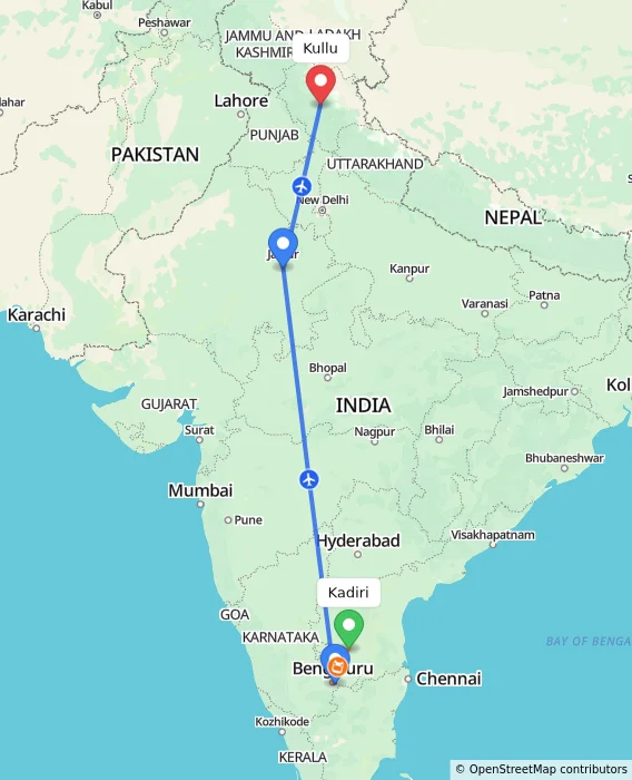 Route map showing distance and travel time from Kadiri, India to Kullu, India