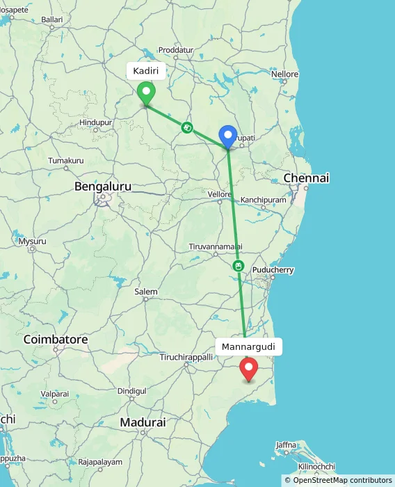 Route map showing distance and travel time from Kadiri, India to Mannargudi, India