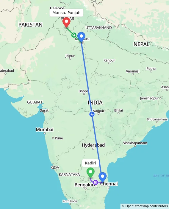 Route map showing distance and travel time from Kadiri, India to Mansa, Punjab, India