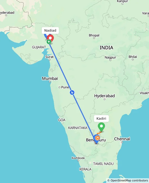 Route map showing distance and travel time from Kadiri, India to Nadiad, India
