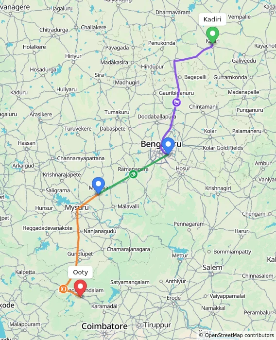 Route map showing distance and travel time from Kadiri, India to Ooty, India