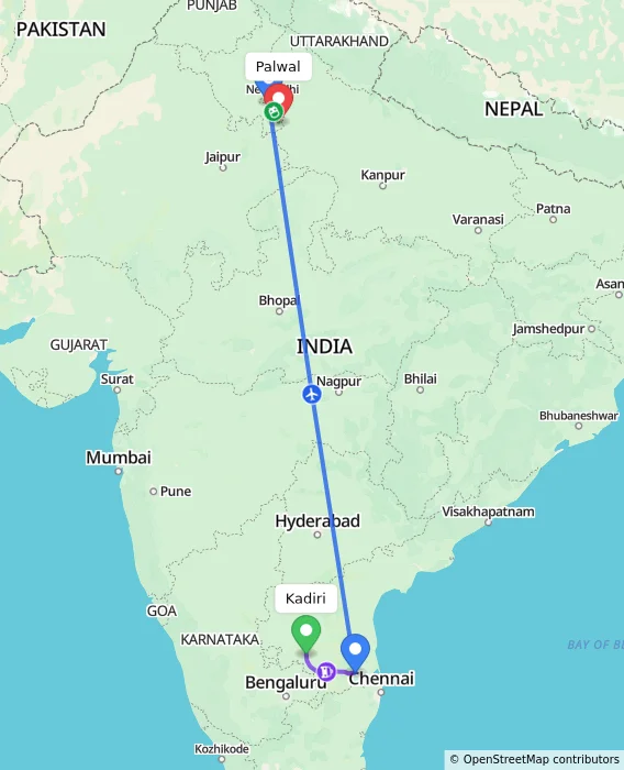 Route map showing distance and travel time from Kadiri, India to Palwal, India