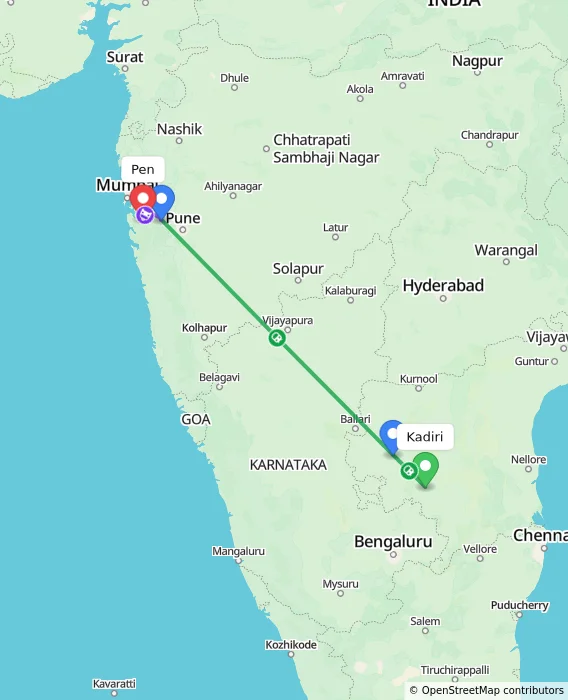 Route map showing distance and travel time from Kadiri, India to Pen, India