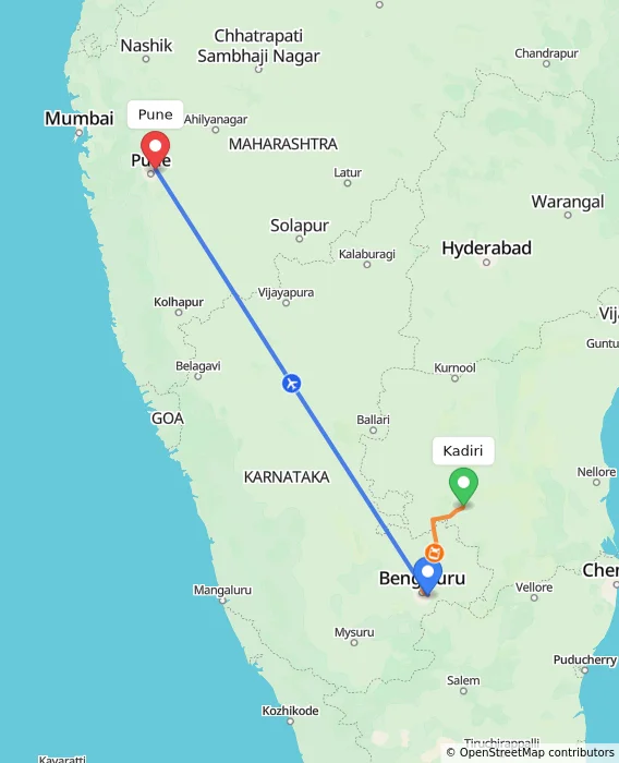 Route map showing distance and travel time from Kadiri, India to Pune, India
